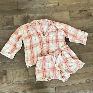 LOFT Sleep Pajamas Set Shorts Top Spring M Orange Pink Women’s Plaid Striped